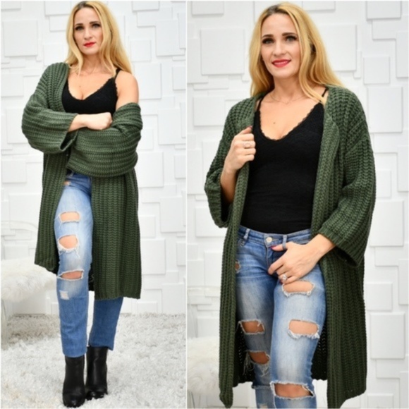 Chunky Thick Knit Green Long Cardigan Long… - Picture 1 of 4